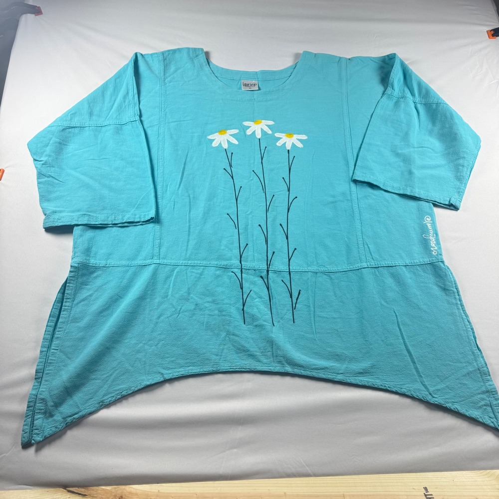 Lauriejo Design Womens XL Turquoise Cotton Daisy Hand Painted Handkerchief Tunic
